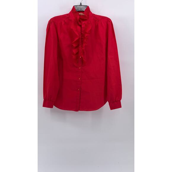 LAURA MAE Women's Vintage Red Ruffle Button-Up Long Sleeve Regular-Fit Top SZ M - Picture 1 of 9